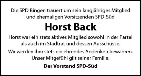 Traueranzeige von Horst Back von Allgemeine Zeitung Bingen/Ingelheim