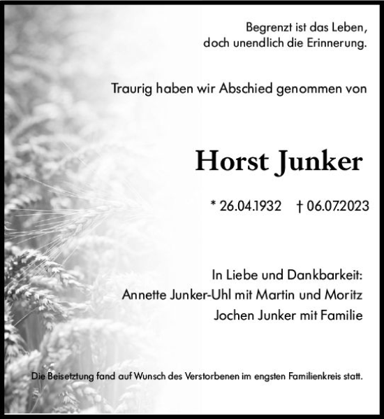 Traueranzeige von Horst Junker von Camberger Anzeiger