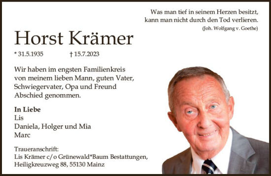 Traueranzeige von Horst Krämer von Allgemeine Zeitung Mainz