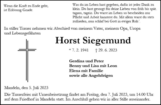 Traueranzeige von Horst Siegemund von Dill Block