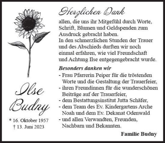 Traueranzeige von Ilse Budny von Odenwälder Echo