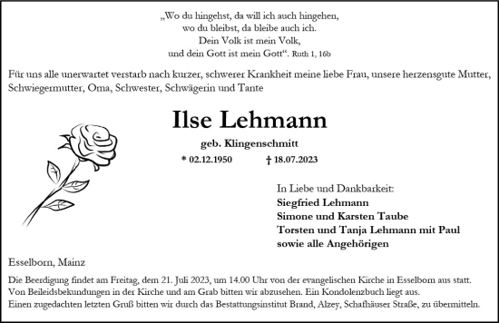 Traueranzeige von Ilse Lehmann von Allgemeine Zeitung Alzey