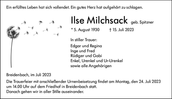 Traueranzeige von Ilse Milchsack von Hinterländer Anzeiger