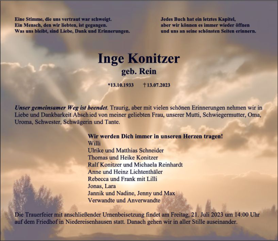 Traueranzeige von Inge Konitzer von Hinterländer Anzeiger