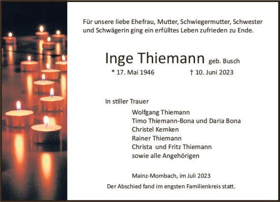 Traueranzeige von Inge Thiemann von Allgemeine Zeitung Mainz