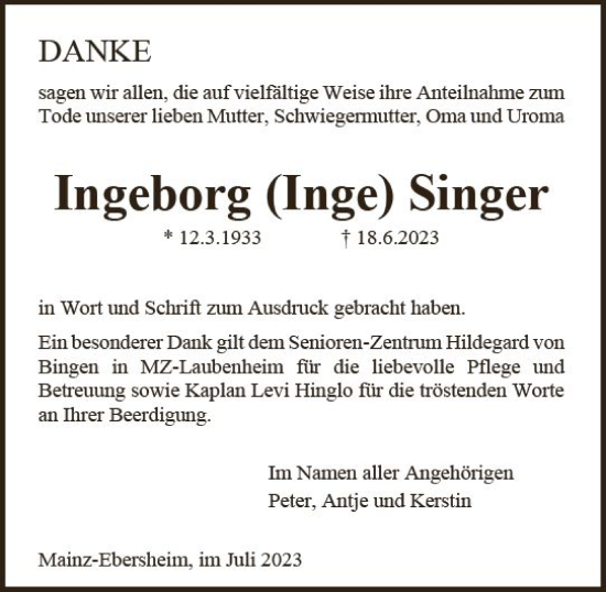 Traueranzeige von Ingeborg  Singer von Allgemeine Zeitung Mainz