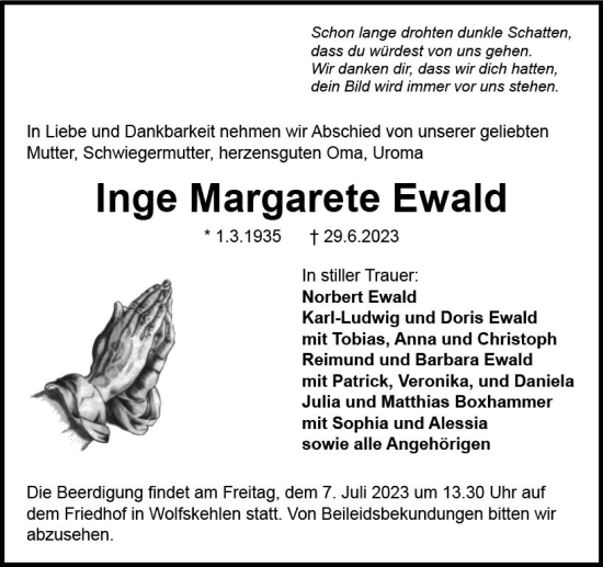 Traueranzeige von Inge Margarete Ewald von Groß-Gerauer Echo