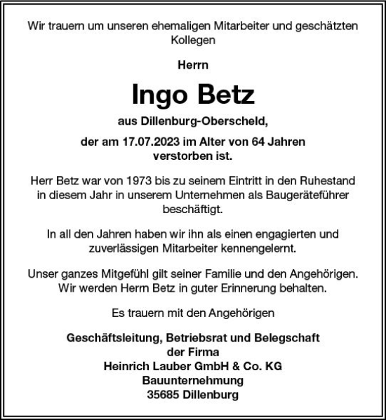 Traueranzeige von Ingo Betz von Dill Block Traueranzeige von Ingo Betz von Dill Block