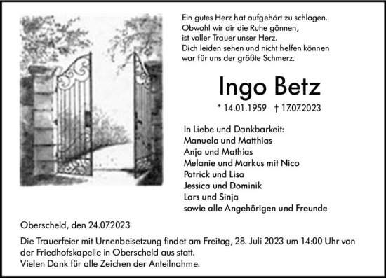 Traueranzeige von Ingo Betz von Dill Block Traueranzeige von Ingo Betz von Dill Block