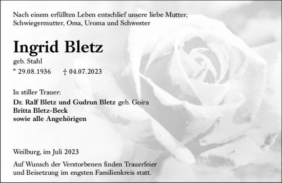 Traueranzeige von Ingrid Bletz von Weilburger Tageblatt