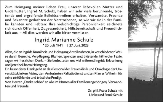 Traueranzeige von Ingrid Marianne Schulz von Allgemeine Zeitung Mainz