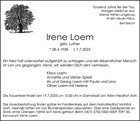 Traueranzeige von Irene Loem von Darmstädter Echo