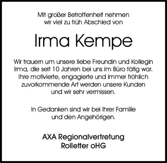 Traueranzeige von Irma Kempe von Allgemeine Zeitung Bingen/Ingelheim