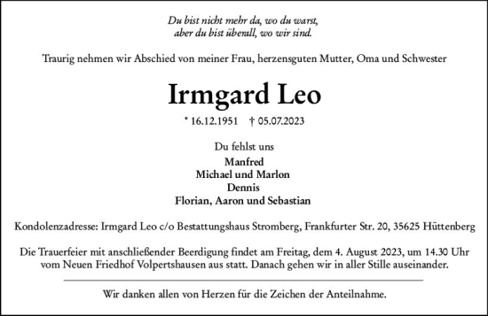 Traueranzeige von Irmgard Leo von Wetzlarer Neue Zeitung