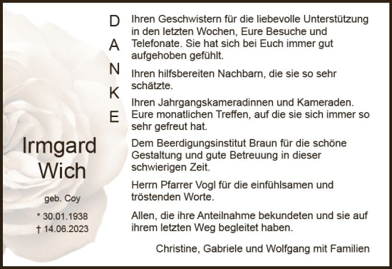 Traueranzeige von Irmgard Wich von Dieburger Anzeiger/Groß-Zimmerner Lokal-Anzeiger