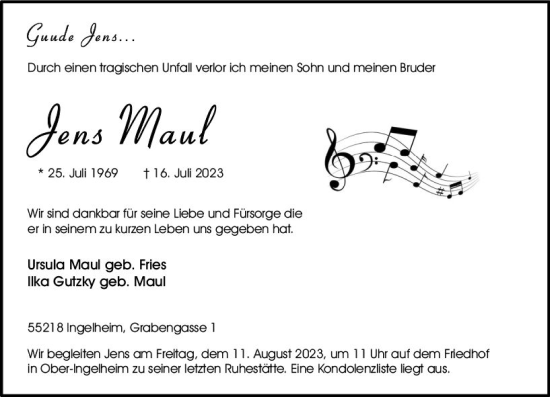 Traueranzeige von Jens Maul von Allgemeine Zeitung Bingen/Ingelheim