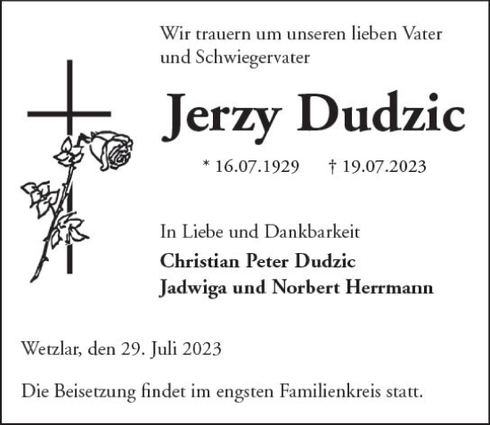 Traueranzeige von Jerzy Dudzic von Wetzlarer Neue Zeitung