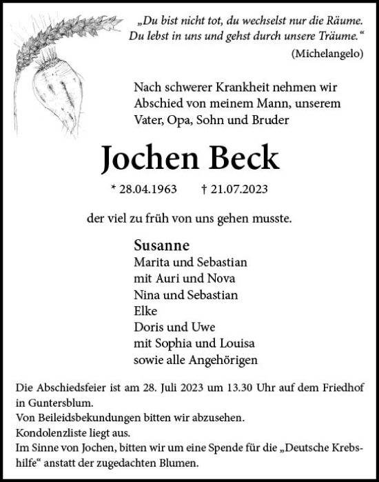 Traueranzeige von Jochen Beck von Allgemeine Zeitung Mainz
