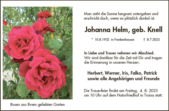 Traueranzeige von Johanna Helm von Darmstädter Echo