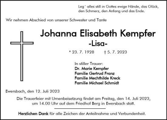 Traueranzeige von Johanna Elisabeth Kempfer von Dill Block
