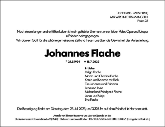 Traueranzeige von Johannes Flache von Dill Block