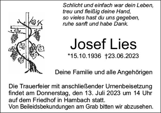 Traueranzeige von Josef Lies von Starkenburger Echo