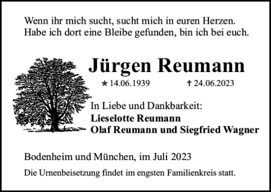 Traueranzeige von Jürgen Reumann von Allgemeine Zeitung Mainz
