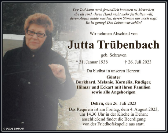 Traueranzeige von Jutta Trübenbach von Nassauische Neue Presse