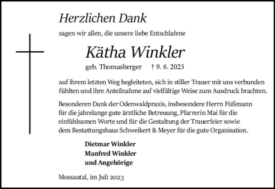 Traueranzeige von Kätha Winkler von Odenwälder Echo