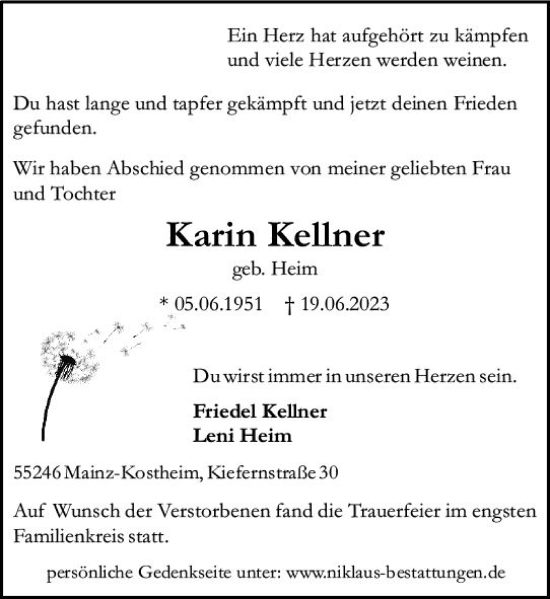 Traueranzeige von Karin Kellner von Allgemeine Zeitung Mainz