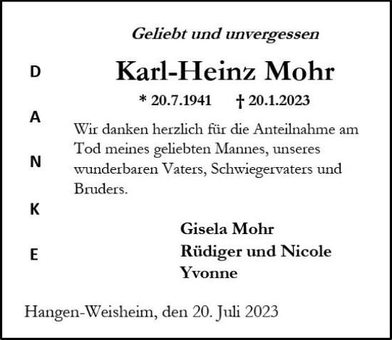 Traueranzeige von Karl-Heinz Mohr von Allgemeine Zeitung Alzey