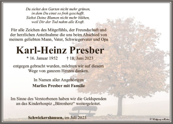 Traueranzeige von Karl-Heinz Presber von Camberger Anzeiger
