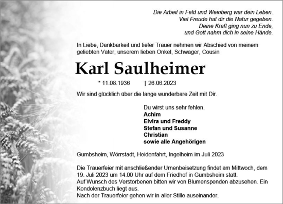 Traueranzeige von Karl Saulheimer von Allgemeine Zeitung Alzey