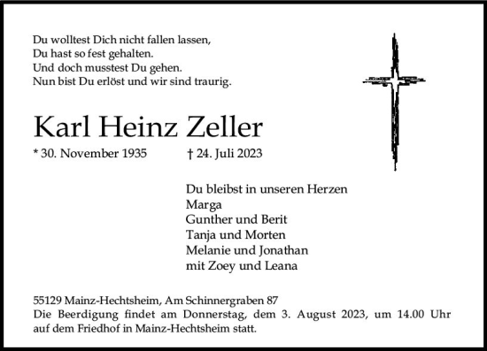 Traueranzeige von Karl Heinz Zeller von Allgemeine Zeitung Mainz