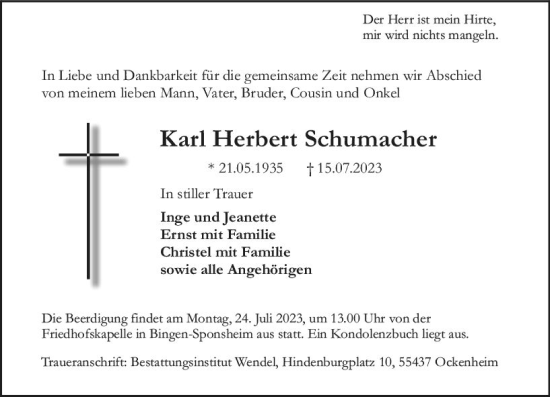 Traueranzeige von Karl Herbert Schumacher von Allgemeine Zeitung Bingen/Ingelheim