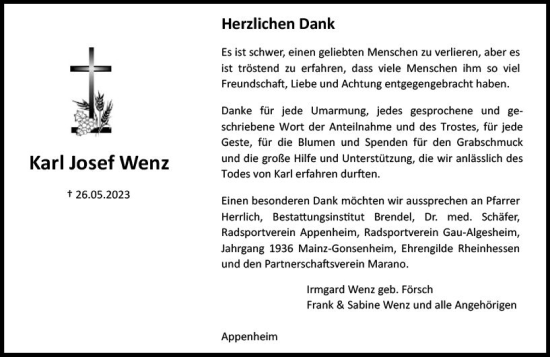 Traueranzeige von Karl Josef Wenz von Allgemeine Zeitung Bingen/Ingelheim