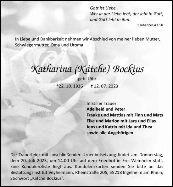 Traueranzeige von Katharina  Bockius von Allgemeine Zeitung Bingen/Ingelheim