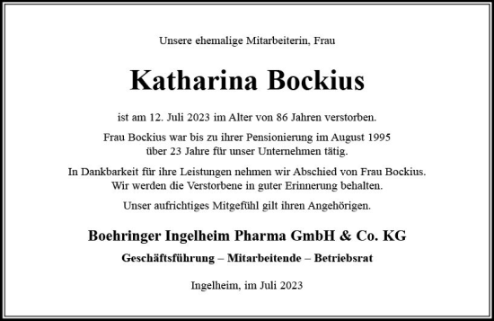 Traueranzeige von Katharina  Bockius von Allgemeine Zeitung Bingen/Ingelheim