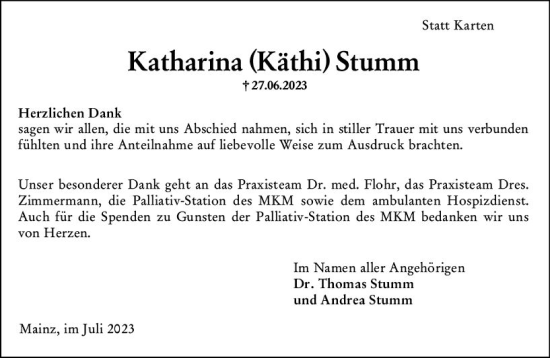 Traueranzeige von Katharina Stumm von Allgemeine Zeitung Mainz Traueranzeige von Katharina Stumm von Allgemeine Zeitung Mainz