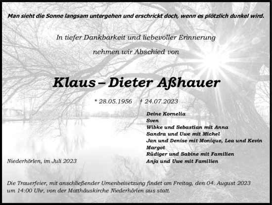 Traueranzeige von Klaus-Dieter Aßhauer von Hinterländer Anzeiger