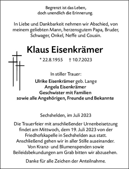 Traueranzeige von Klaus Eisenkrämer von Dill Block