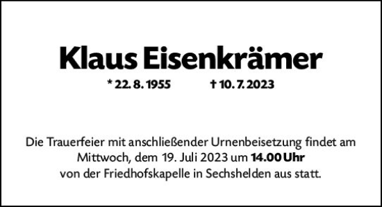 Traueranzeige von Klaus Eisenkrämer von Dill Block