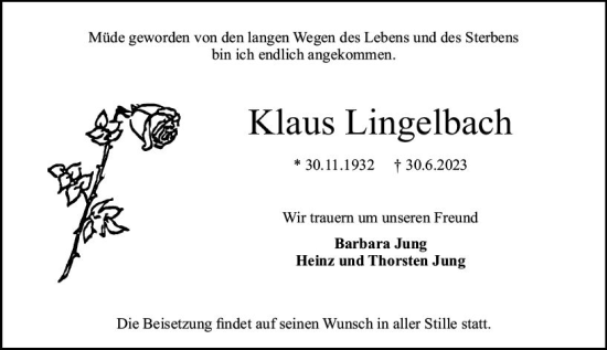 Traueranzeige von Klaus Lingelbach von Darmstädter Echo