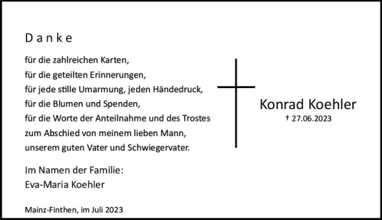 Traueranzeige von Konrad Koehler von Allgemeine Zeitung Mainz