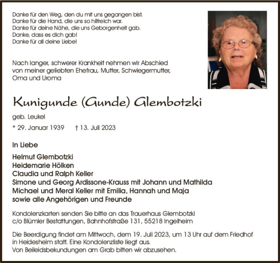 Traueranzeige von Kunigunde Glembotzki von Allgemeine Zeitung Bingen/Ingelheim