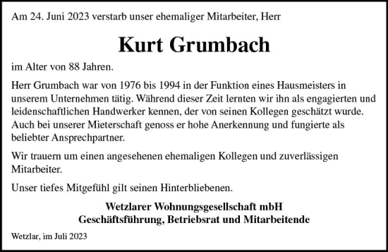 Traueranzeige von Kurt Grumbach von Wetzlarer Neue Zeitung