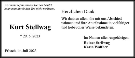 Traueranzeige von Kurt Stellwag von Odenwälder Echo