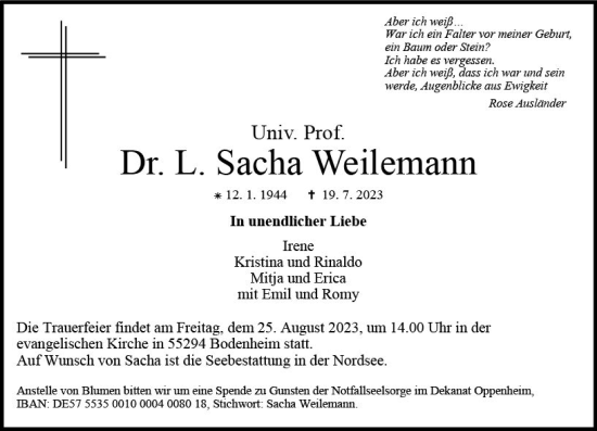 Traueranzeige von L. Sacha Weilemann von Allgemeine Zeitung Mainz