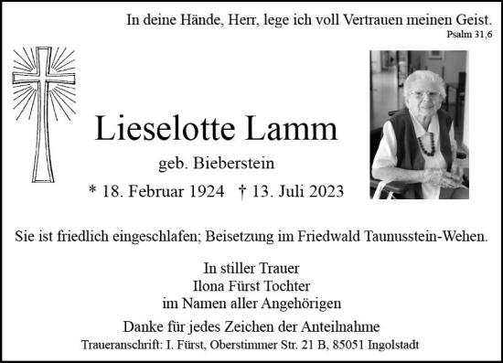 Traueranzeige von Lieselotte Lamm von Wiesbadener Kurier
