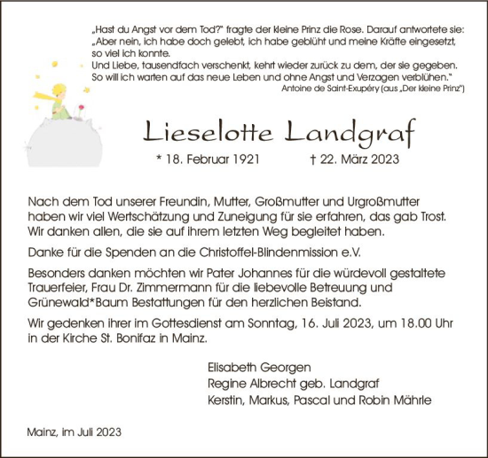 Traueranzeige von Lieselotte Landgraf von Allgemeine Zeitung Mainz